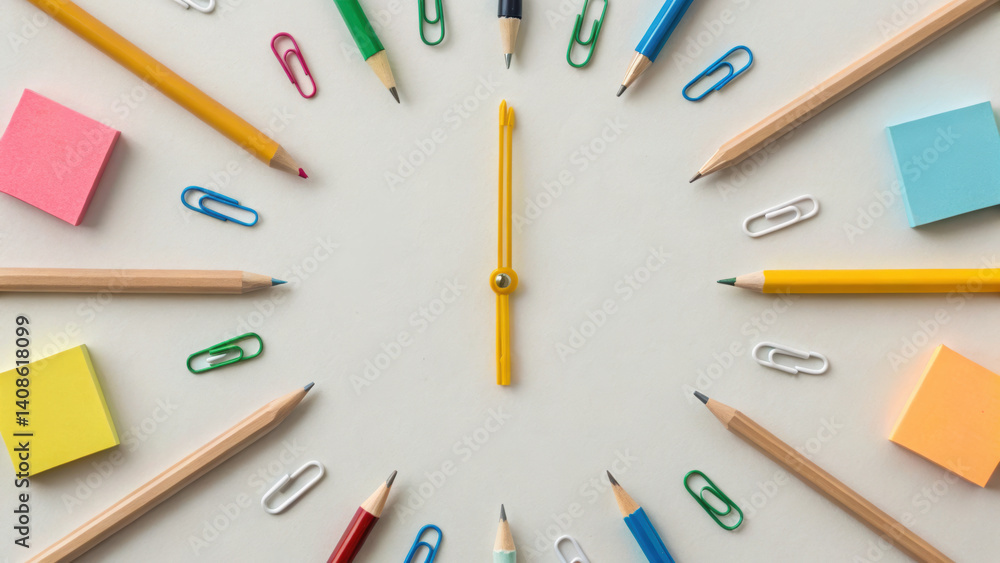 Poster stationery items arranged in circular pattern around clock, creating creative office workspace atmos