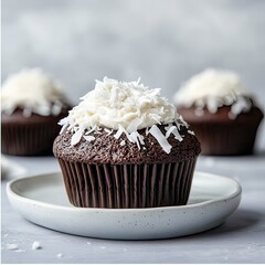 Closeup chocolate cupcakes with coconut, blurred background,space for text, side view