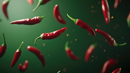 Red hot chili peppers in motion on dark green background