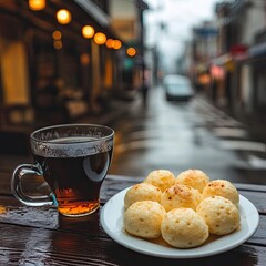 Small round cheese bread Pão de queijo with black tea in glass cup, blurred background,close up