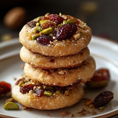 Round semolina biscuits Ma'amoul with dried fruits on white plate, blurred background,close up