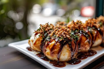 Homemade round takoyaki with sweet sauce on white plate, blurred background,close up, space for text