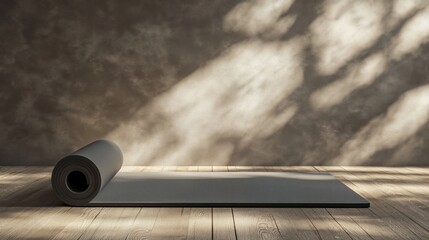 Rolled yoga mat on wooden floor (1)