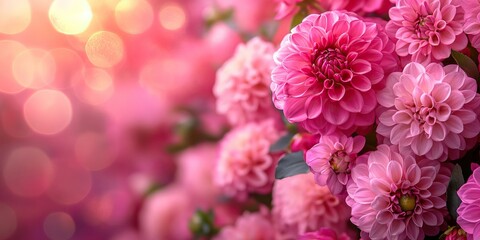 Dark pink dahlia flowers on festive bokeh background, close up, space for text