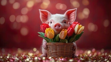 Little piglet holding colorful tulips, red blurred bokeh background, space for text