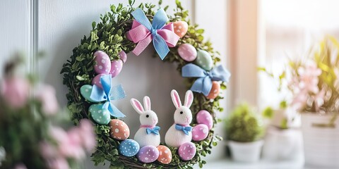 Easter wreath with white rabbits and colorful Easter decor on a wooden wall, close up,space for text