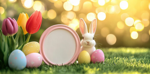 Blank pink frame against colorful tulips and Easter eggs, blurred background, space for text