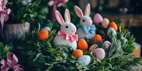 Easter wreath with white rabbits and colorful Easter decor, close up