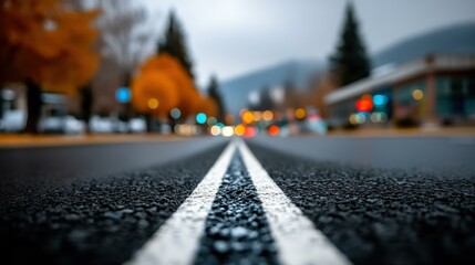 Obraz premium A sleek black asphalt road stretches ahead, marked by crisp white dividing lines on a clear day.