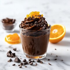 Traditional chocolate orange cake on glass glasses mugs, blurred backdrop,close up, space for text