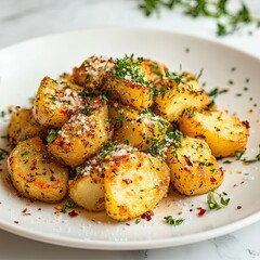 Crispy chipped potatoes with garlic and herbs on white plate, side view, close-up