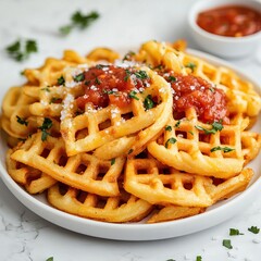 Crispy waffle with spicy sauce and parsley, blurred background, space for text