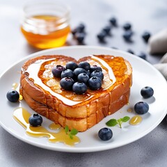 Hearts toast with honey and blueberries on white plate, blurred background, space for text, close up