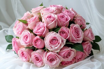 Obraz premium Stunning Pink Rose Bouquet on White Background Perfect for Weddings and Celebrations