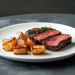 Sous vide steak with crispy baked potatoes in white plate, blurred background, close up