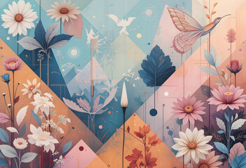 Floral, abstract landscape with  nature elements