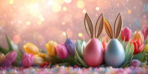 Two Easter eggs with golden rabbit ears on colorful spring background, space for text
