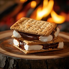 Graham crackers with marshmallow and chocolate on wooden plate against blurred fire background