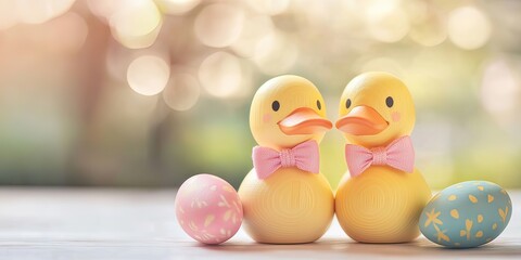 Two wooden duckling figurines surrounded colorful Easter eggs on blurred background, space for text