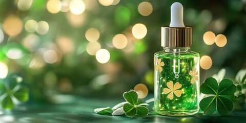 Transparent cosmetic bottle with serum surrounded clover leaves, bokeh background, space for text