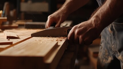 Carpenter cutting wooden planks for a shelf. Featuring craftsmanship and precision