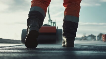 Road construction worker operating a compactor on fresh asphalt. Featuring strength and accuracy