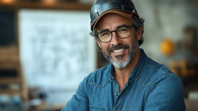Confident Artisan: A skilled craftsman, exuding confidence and experience, smiles warmly while wearing his protective headgear.