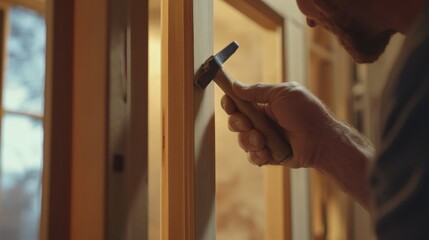 Carpenter fitting a door frame into a wall. Featuring precision and craftsmanship