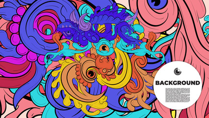 Playful Cartoon Monster Character with Tentacles, Eyes, Feathers, and Leaves &ndash; Fun Fantasy Wallpaper Design