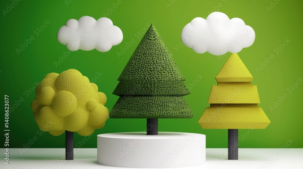 Poster creative green tree display with clouds modern environment 3d design artistic viewpoint nature conce