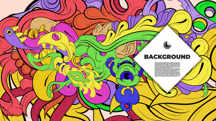 Playful Cartoon Monster Character with Tentacles, Eyes, Feathers, and Leaves – Fun Fantasy Wallpaper Design