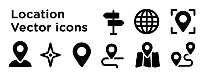 location icons set of black vector icons representing location and navigation, including map markers, GPS pins, global map, route paths, direction signs, and map symbols