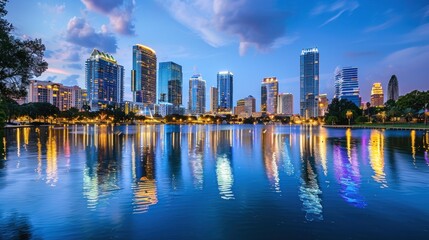 Fototapeta premium Blurred city skyline at twilight