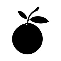 A simple black silhouette of an orange fruit with leaves