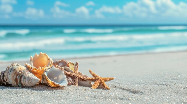 Seashells and starfish on a serene beach coastal paradise nature photography calm ocean environment close-up view