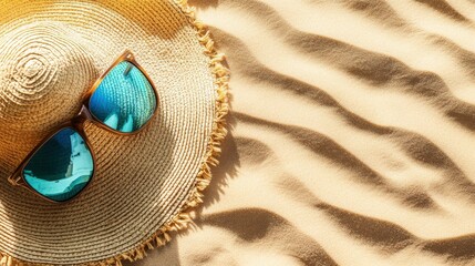Naklejka premium A straw sun hat and sunglasses resting on the beach sand.
