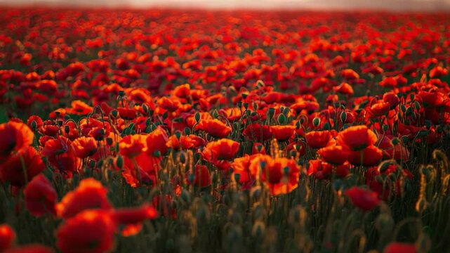 Vibrant red poppy flowers bloom in stunning outdoor field, creating breathtaking landscape under warm sunlight, showcasing beauty of nature and its rich flora.
