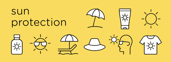 sun protection icons set Flat vector icon set on yellow background showing various sun protection items including sunscreen bottles, sun umbrellas, sun hats, UV protective clothing, sunglasses