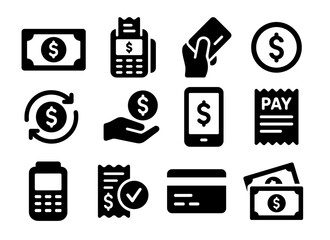 Payment icons set Bold black payment and finance vector icon set featuring cash, credit card, mobile payment, POS machine, coin, receipt, and currency exchange symbols in a modern flat style