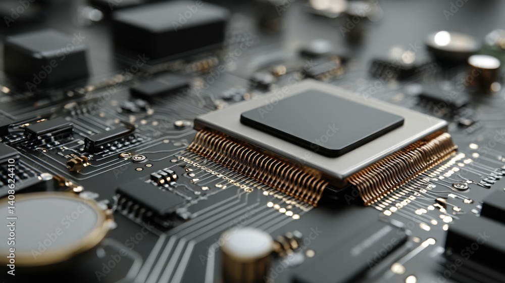 Poster close-up of a computer chip illustrating advanced technology in a 3d holographic projection of an ai