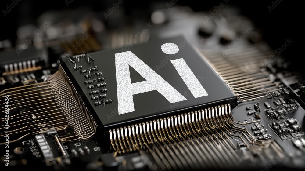 Poster computer chip featuring the letter a representing artificial intelligence in a startup launchpad env