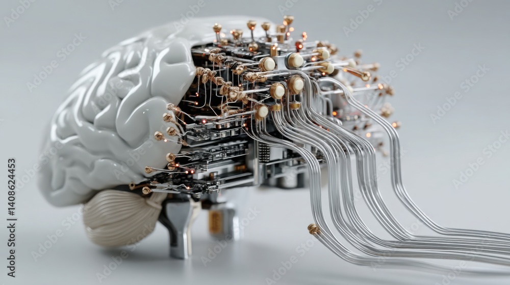 Poster brain with intricate circuitry and wires signifying artificial intelligence activating financial tec