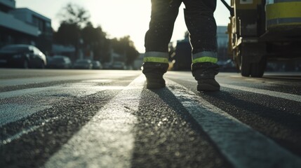 Road painter marking fresh lane lines on an urban street. Featuring precision and safety