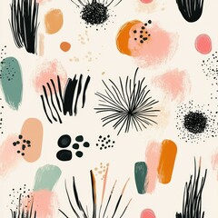 Seamless floral pattern with scattered shapes on a clean pastel background  