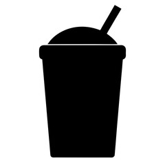 Black Silhouette of a Disposable Cup with a Straw Filled with a Frosty Beverage