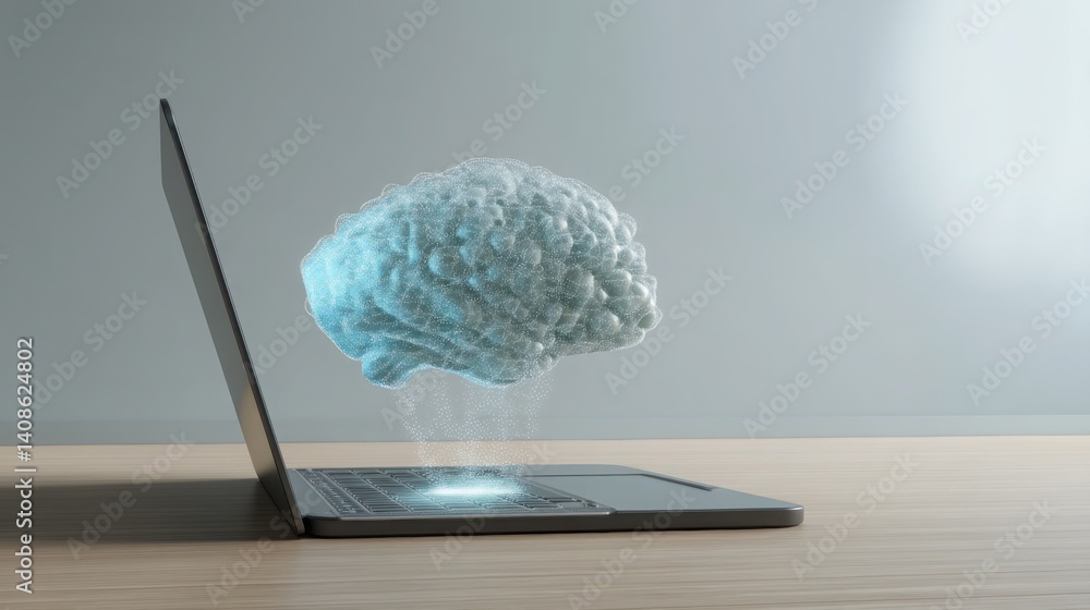 Poster innovative laptop displaying a brain graphic surrounded by ai interface in a cutting-edge technology