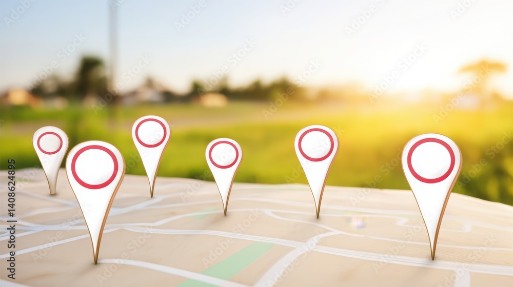 Poster detailed map highlighting city locations with pins representing points of interest in an innovative 