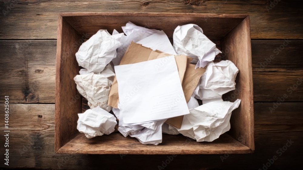 Poster a box of paper and a single sheet representing efficient file management and organization in an offi