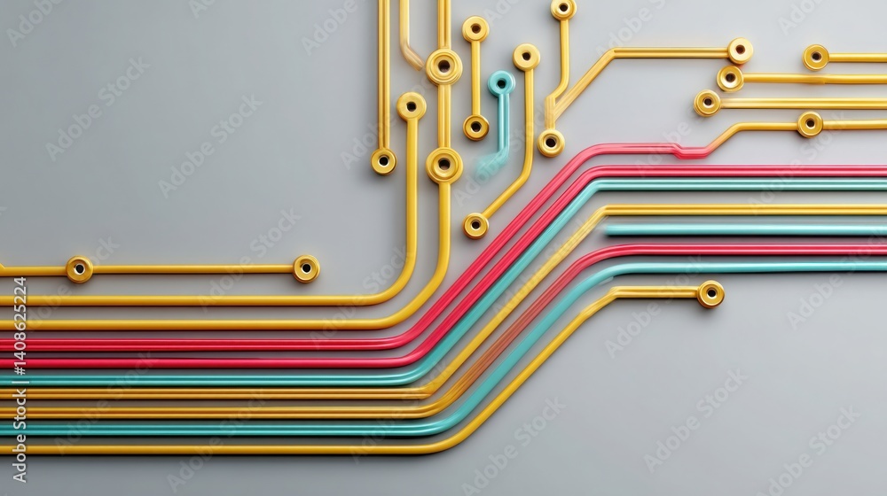 Poster colorful abstract lines flowing through a bank symbol representing automation and financial connecti