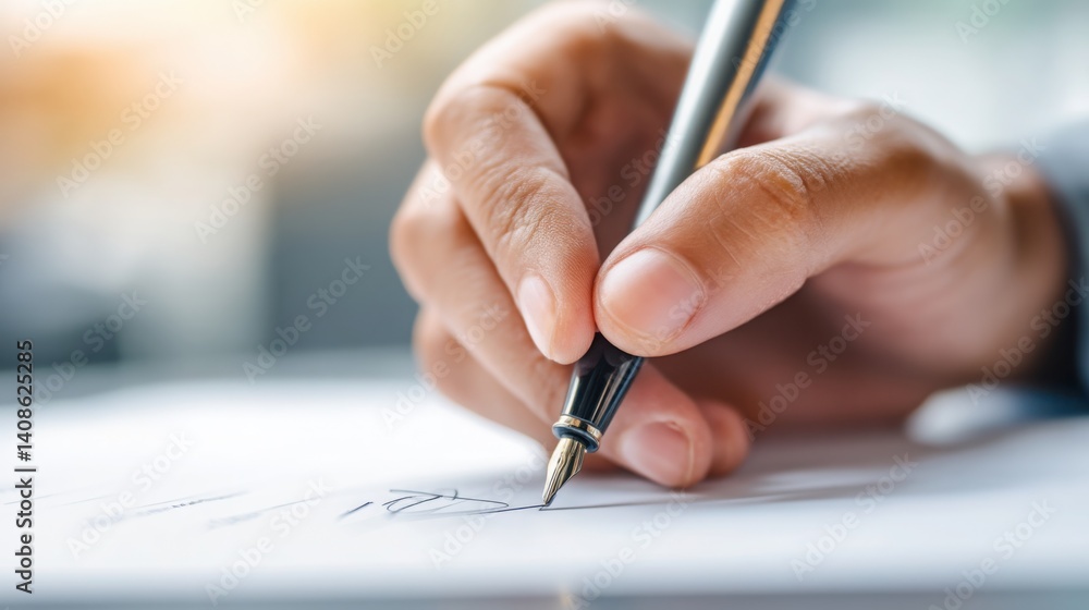 Poster individual writing on paper with motion lines illustrating automation drawing a signature for docume